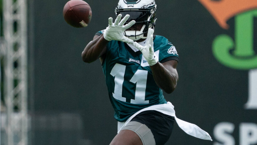 Philadelphia Eagles wide receiver A.J. Brown catching the ball during training camp