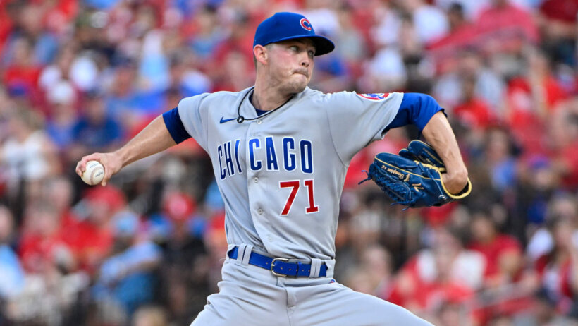 Chicago Cubs starting pitcher Keegan Thompson delivers a pitch to home plate