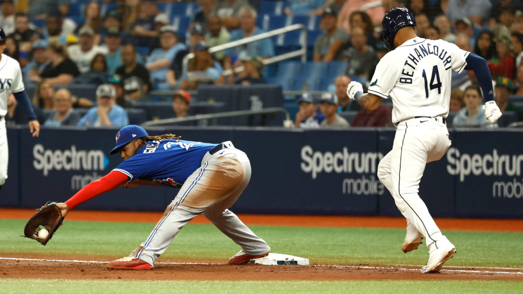 Vladimir Guerrero Jr catching the ball at first base
