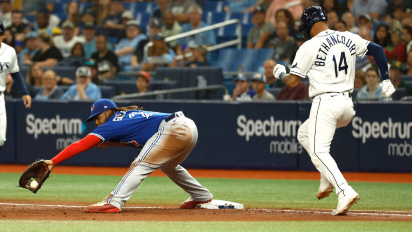 Vladimir Guerrero Jr catching the ball at first base