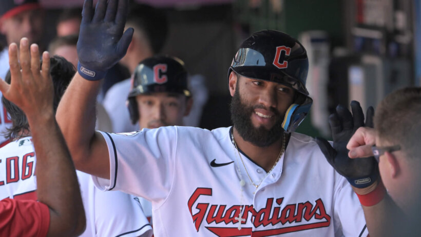 Amed Rosario celebrates, Cleveland Guardians