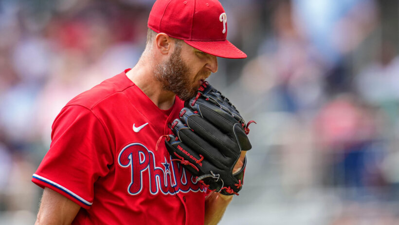 Philadelphia Phillies starting pitcher Zack Wheeler walking off the mound