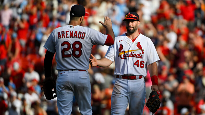 St. Louis Cardinals first baseman Paul Goldschmidt celebrates with third baseman Nolan Arenado