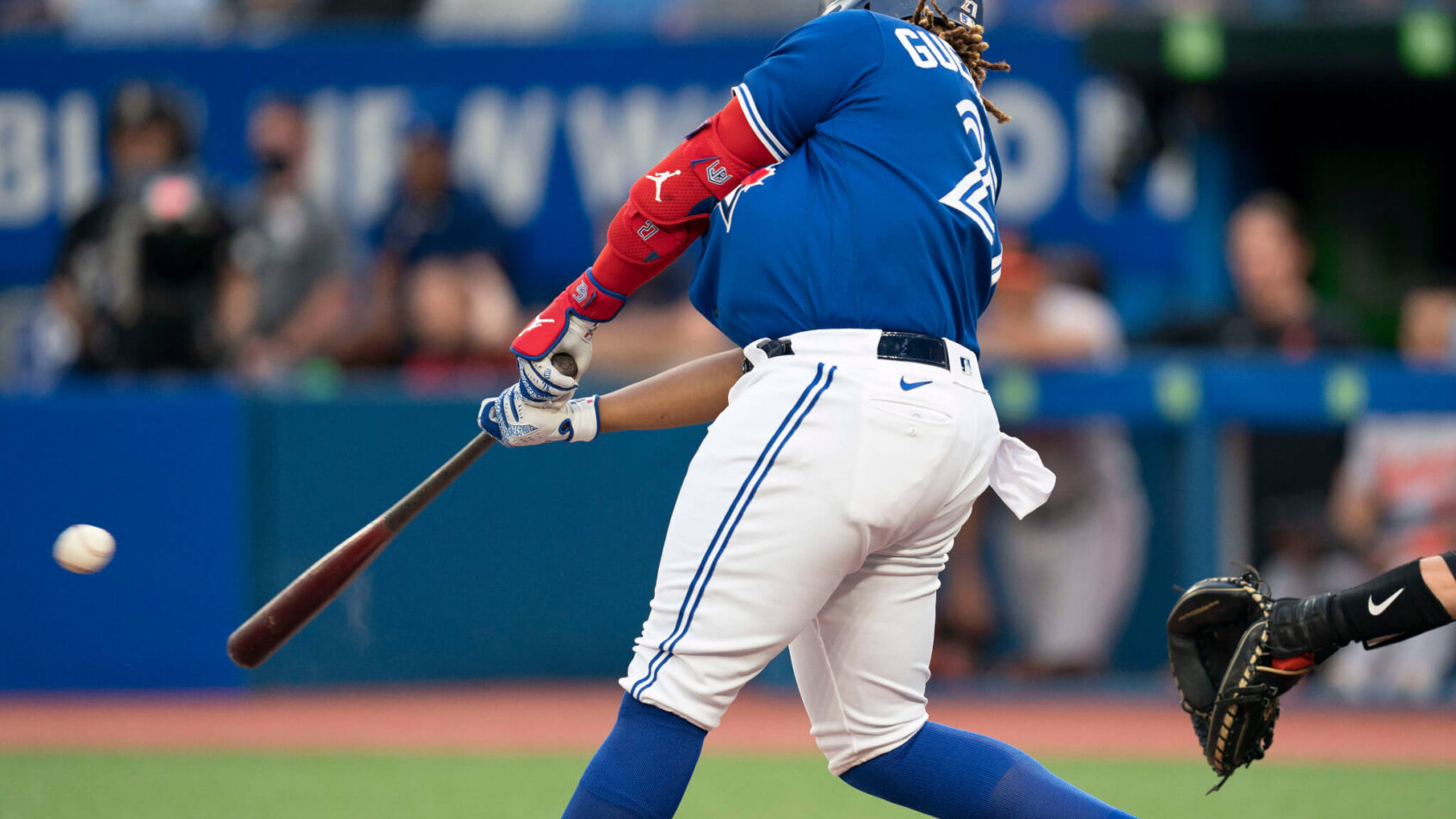 Vladimir Guerrero Jr connecting on a home run