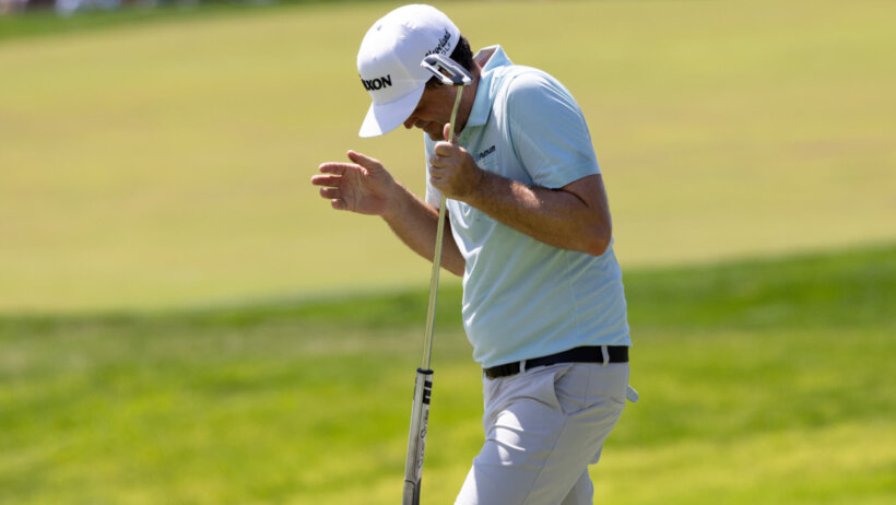 Keegan Bradley reacts to a missed putt