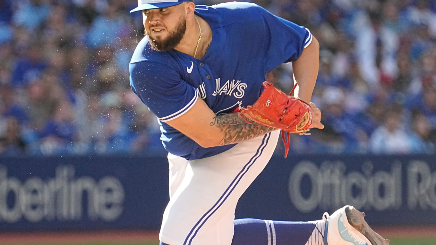 Toronto Blue Jays starting pitcher Alek Manoah delivers to home plate