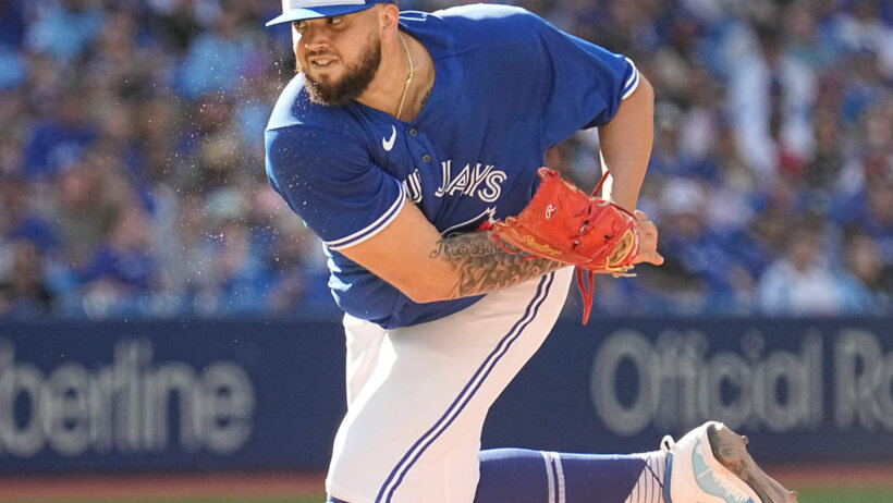 Toronto Blue Jays starting pitcher Alek Manoah delivers to home plate