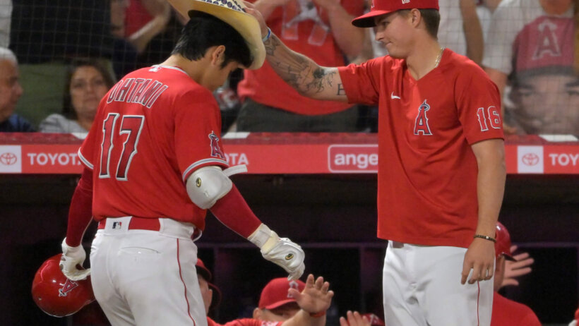 os Angeles Angels designated hitter Shohei Ohtani wearing the home run cowboy hat