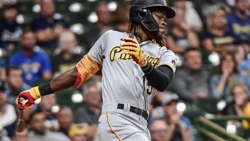 Pittsburgh Pirates shortstop Oneil Cruz hitting a single