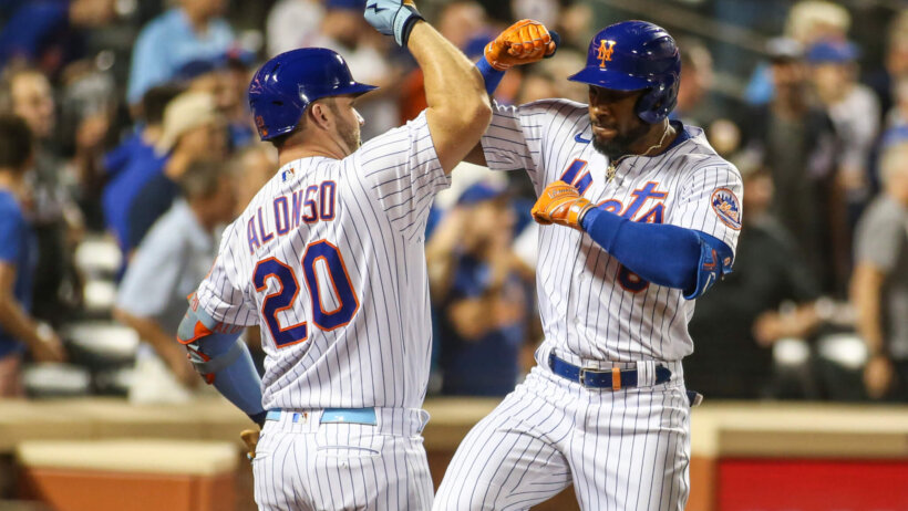 New York Mets right fielder Starling Marte celebrates a homer with first baseman Pete Alonso