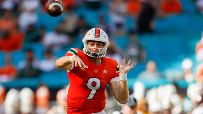 Miami Hurricanes quarterback Tyler Van Dyke throwing a pass