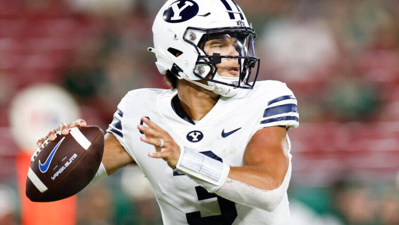 BYU Cougars quarterback Jaren Hall looks to pass