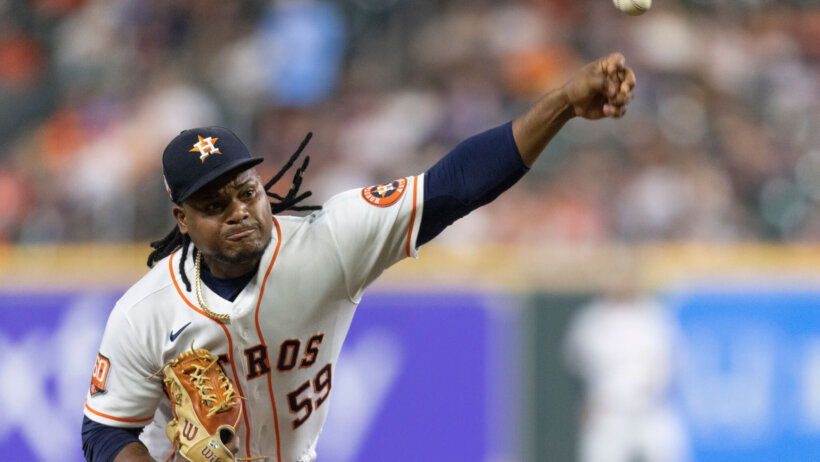 Houston Astros starting pitcher Framber Valdez following through on a pitch