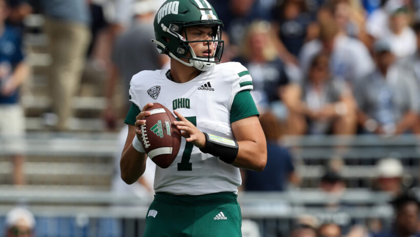 Ohio Bobcats quarterback Kurtis Rourke drops back in the pocket