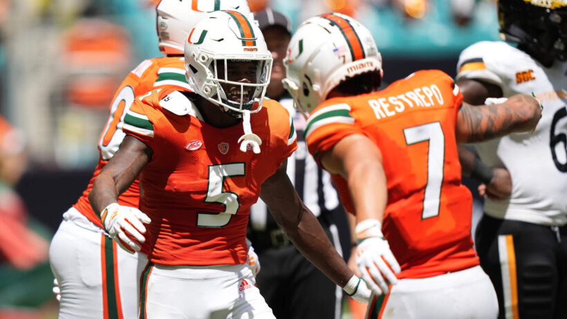 Miami Hurricanes wide receiver Key'Shawn Smith celebrates his touchdown against the Southern Miss Golden Eagles