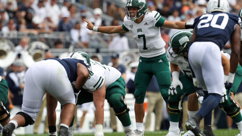 Ohio Bobcats quarterback Kurtis Rourke signals from the line of scrimmage