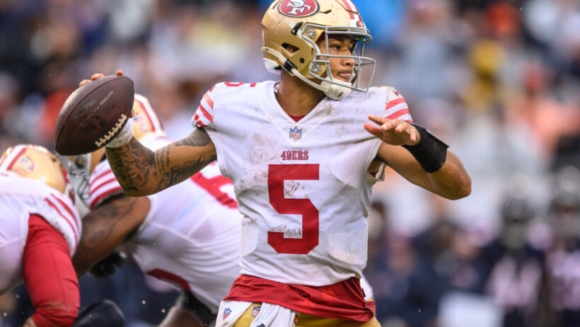San Francisco 49ers quarterback Trey Lance looks to pass the football