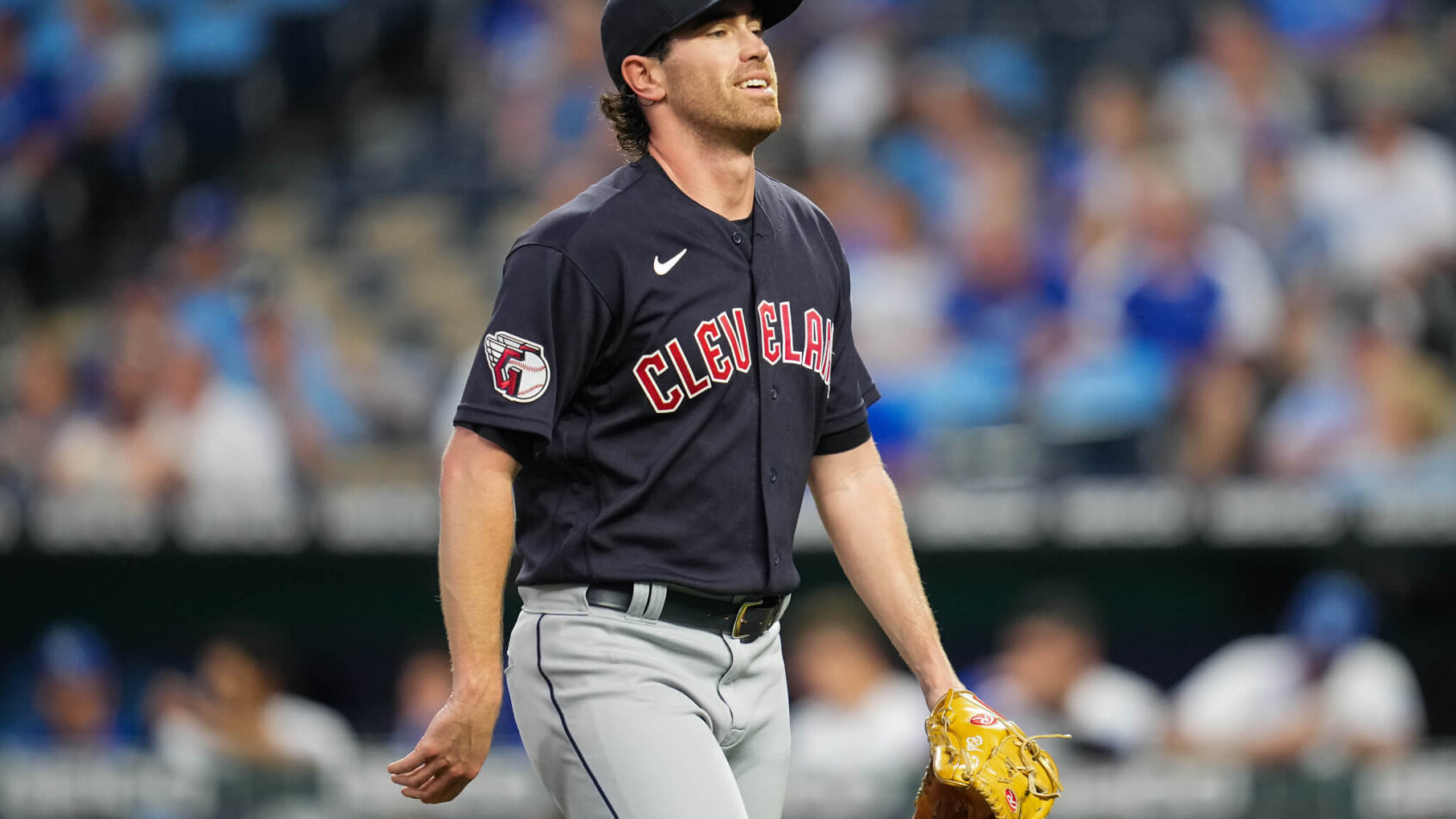 Shane Bieber walks off the mound