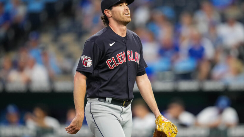 Shane Bieber walks off the mound