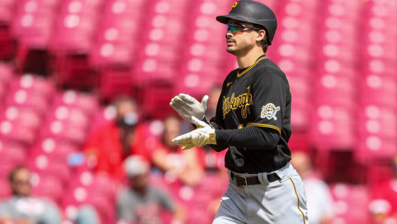 Pittsburgh Pirates designated hitter Bryan Reynolds celebrating a homer