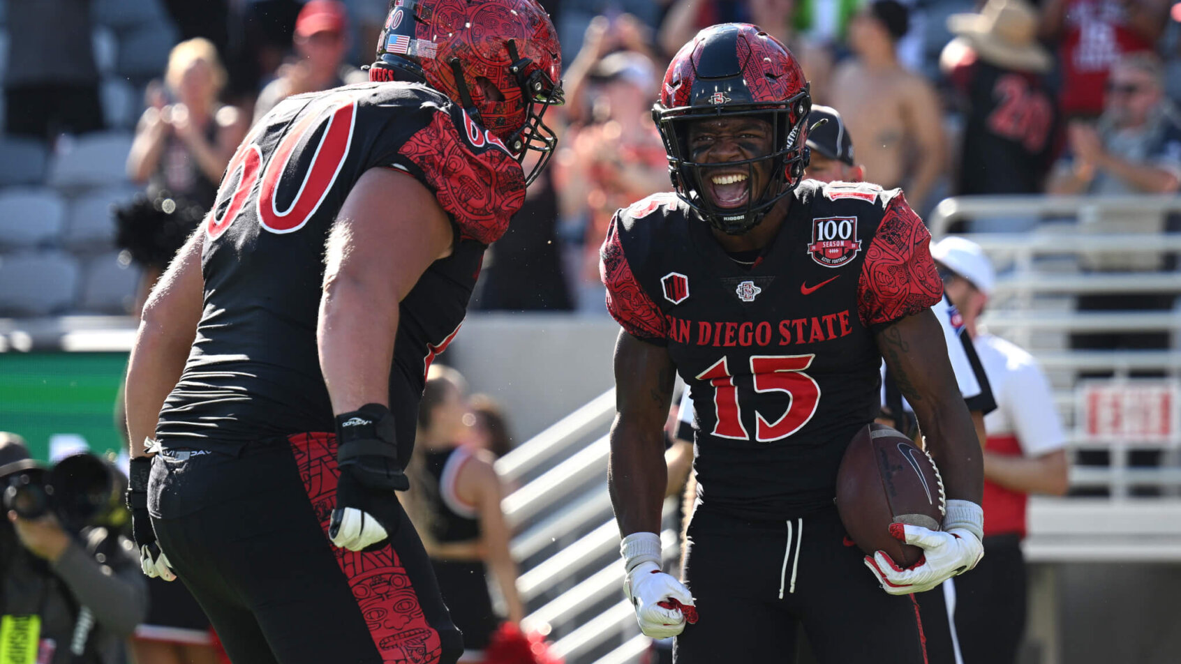 San Diego State Aztecs running back Jordan Byrd celebrates after scoring a touchdown