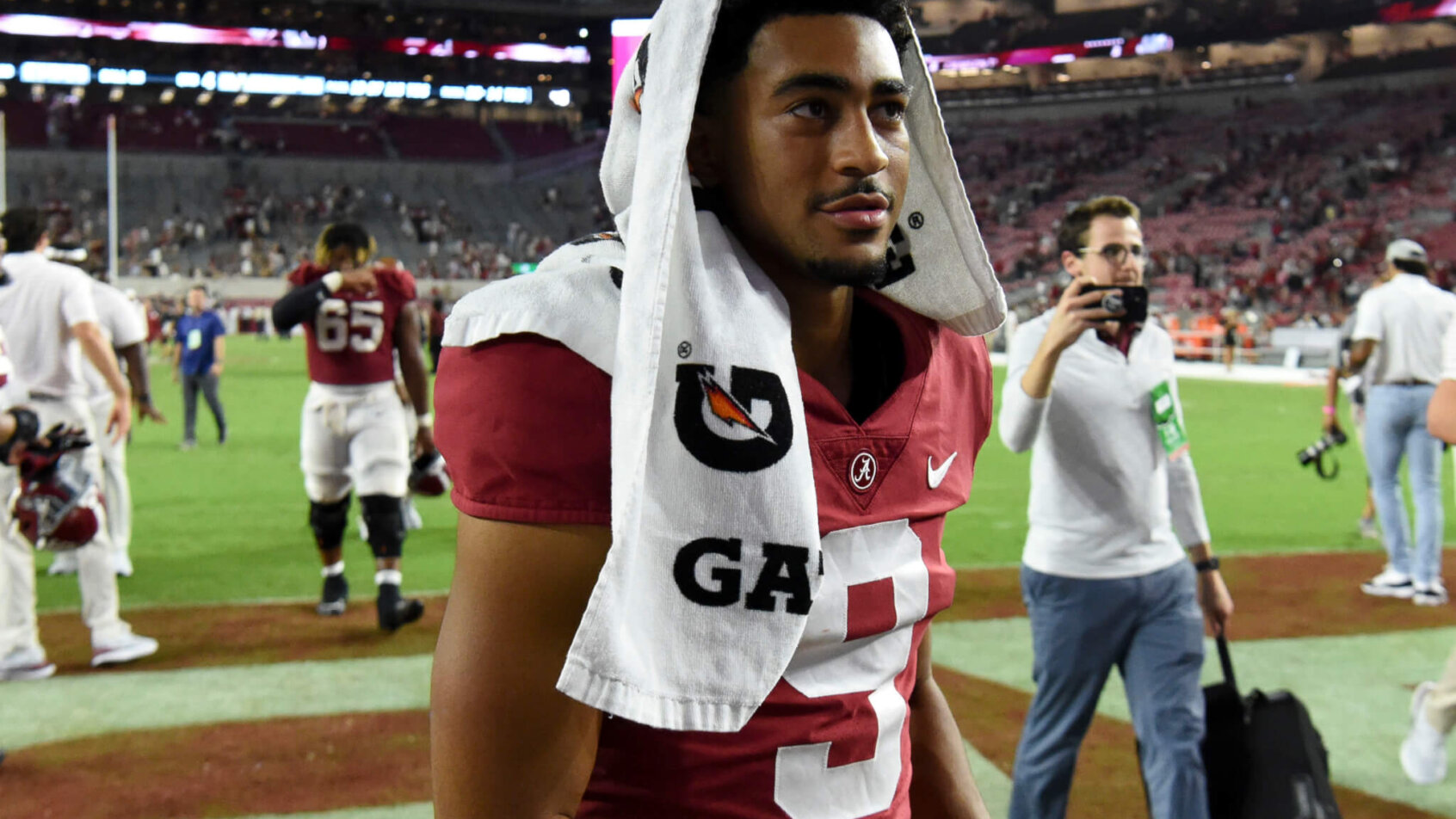 Alabama Crimson Tide quarterback Bryce Young leaves the field