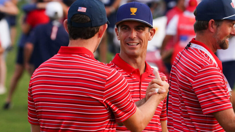 Team USA golfer Billy Horschel shakes hands with teammate Patrick Cantlay