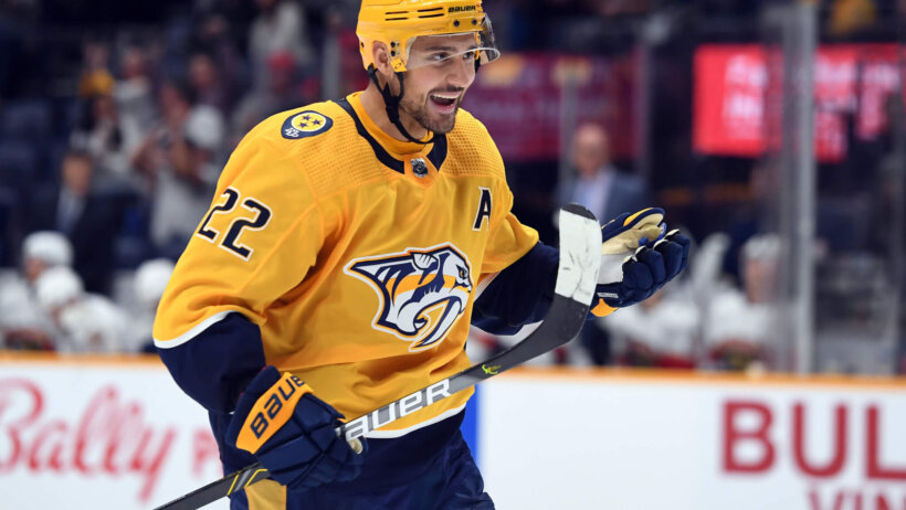 Nashville Predators right wing Nino Niederreiter celebrates after assisting on a goal