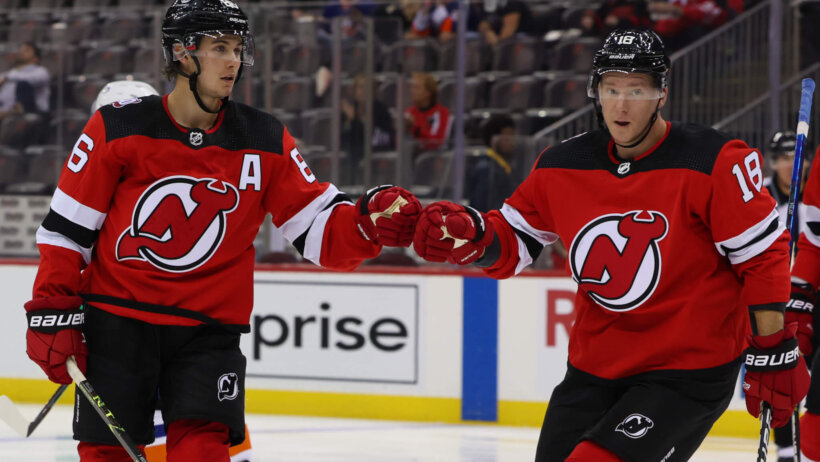 New Jersey Devils center Jack Hughes celebrates his goal