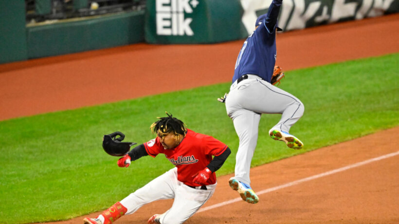 Jose Ramirez slides safely into third