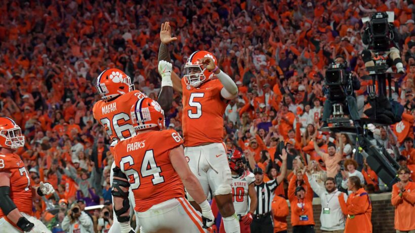 Clemson quarterback D.J. Uiagalelei celebrates scoring a touchdown