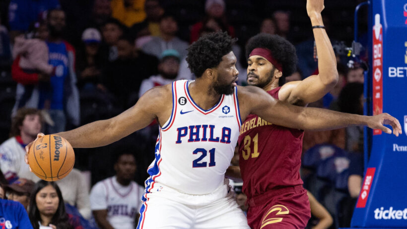 Joel Embiid backs down Jarrett Allen