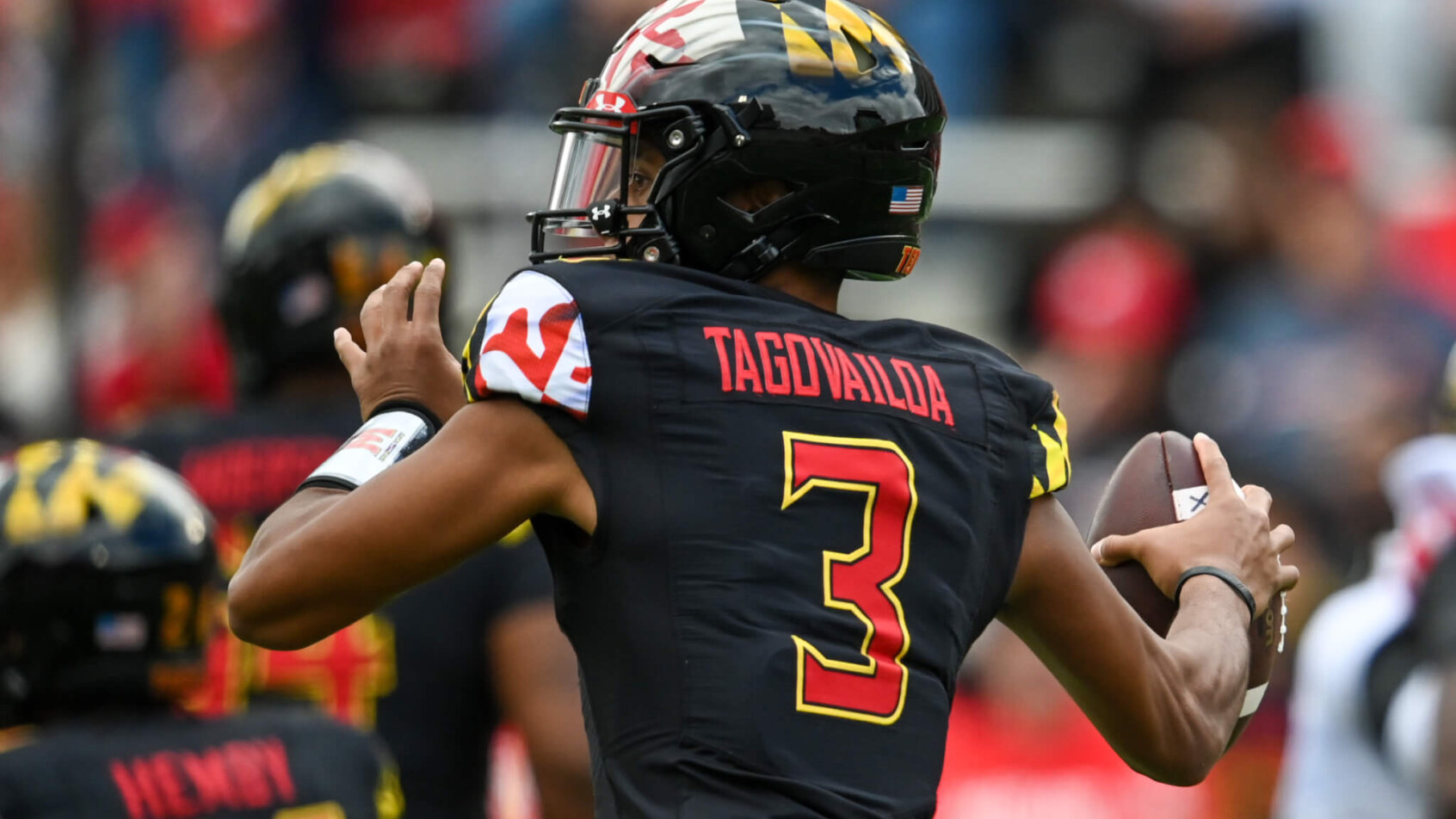 Maryland Terrapins quarterback Taulia Tagovailoa throws from the pocket