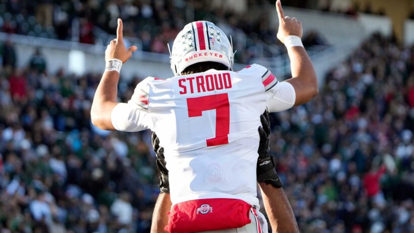 Ohio State Buckeyes quarterback CJ Stroud celebrates a touchdown