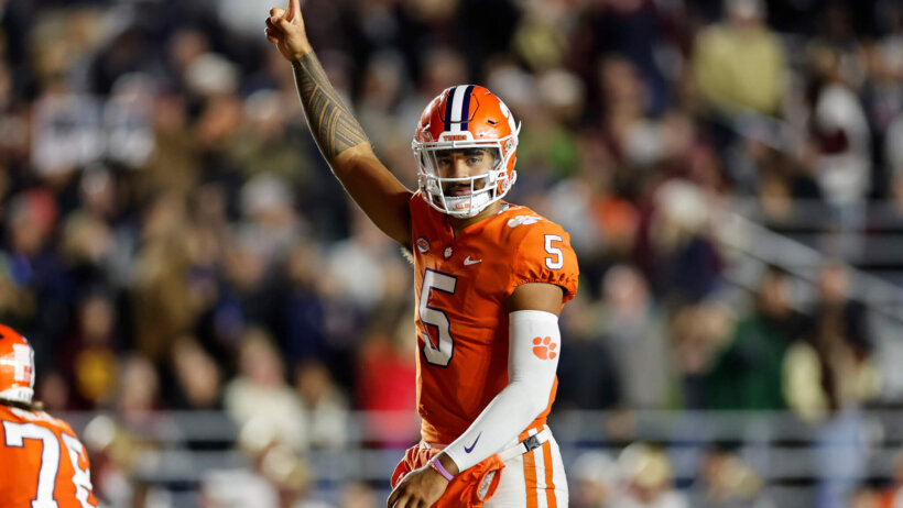 Clemson Tigers quarterback DJ Uiagalelei celebrates a touchdown
