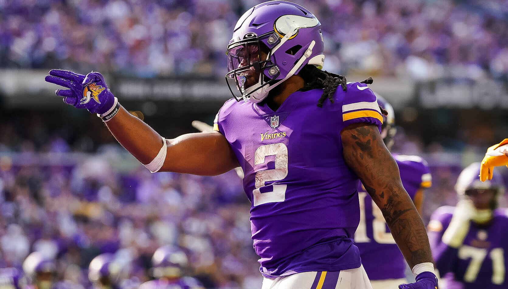 Minnesota Vikings running back Alexander Mattison celebrates a first down