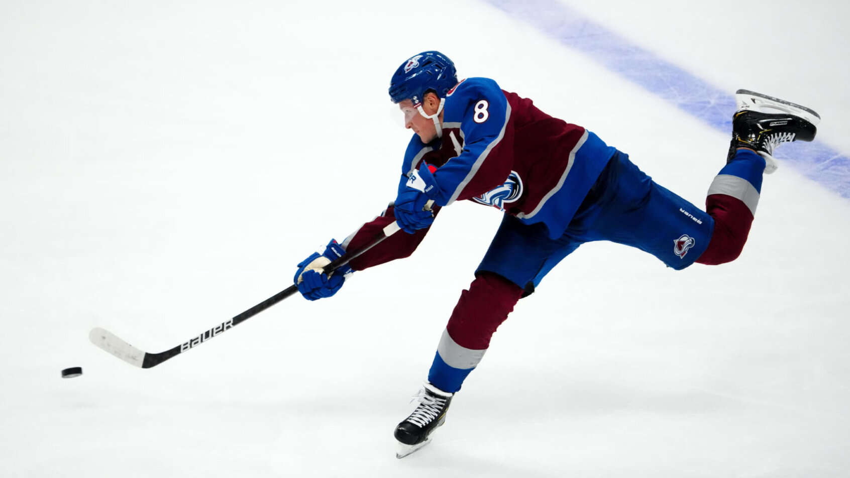 Colorado Avalanche defenseman Cale Makar shoots the puck
