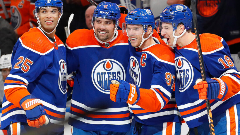 The Edmonton Oilers celebrate a goal by forward Connor McDavid