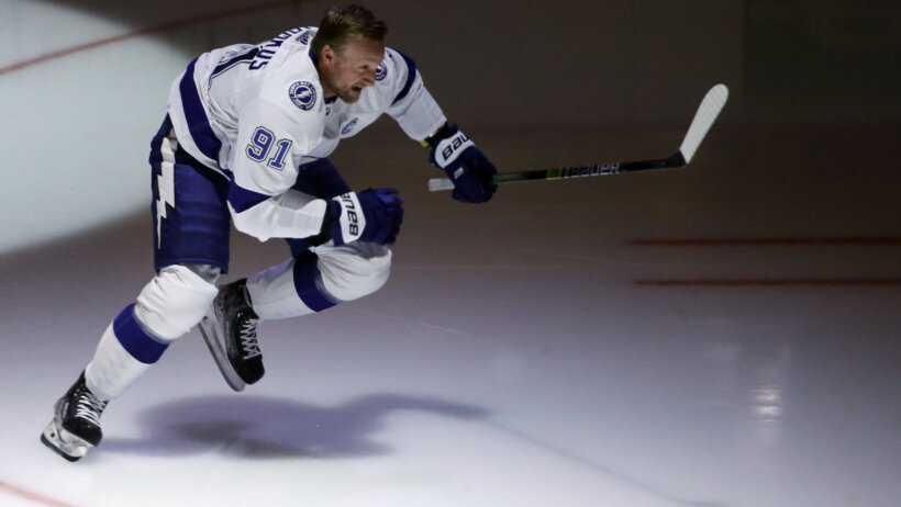 Tampa Bay Lightning center Steven Stamkos takes the ice for warm ups before the game