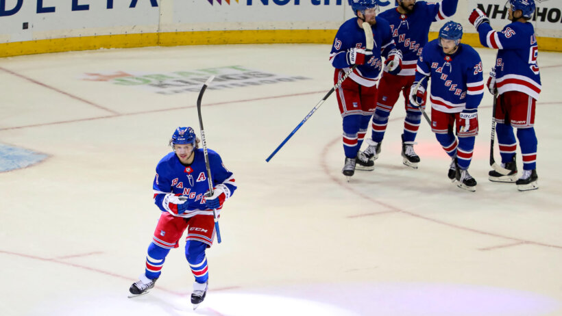 New York Rangers left wing Artemi Panarin celebrates his goal
