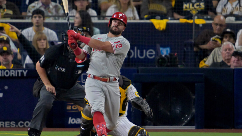 Phillies slugger Kyle Schwarber admires a home run