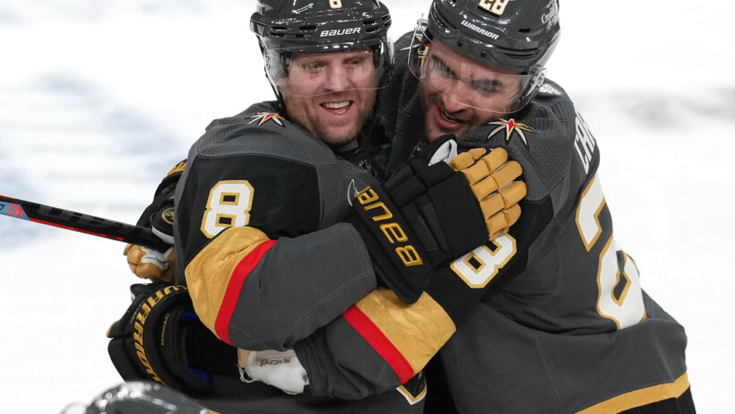 Vegas Golden Knights left wing William Carrier celebrates with Vegas Golden Knights center Phil Kessel