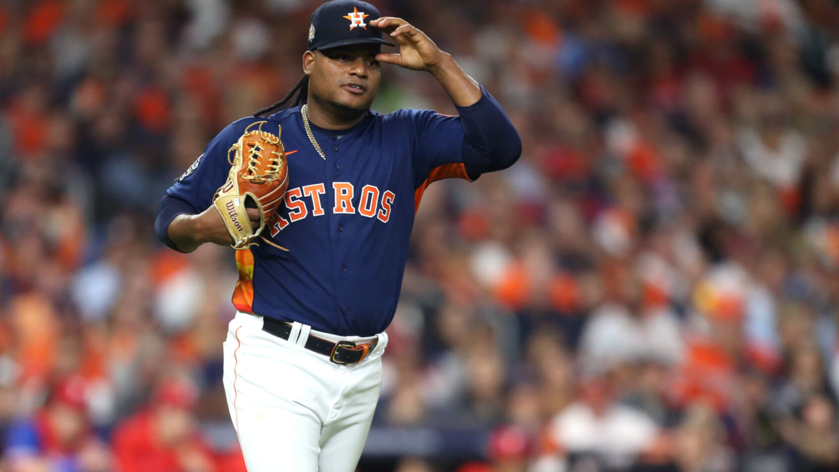 Framber Valdez tips his hat to the crowd