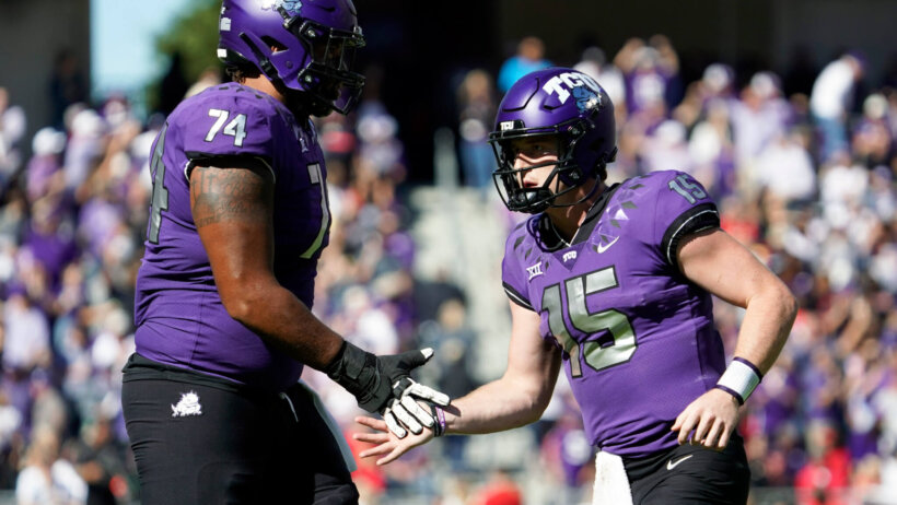 TCU Horned Frogs quarterback Max Duggan celebrates a TD pass