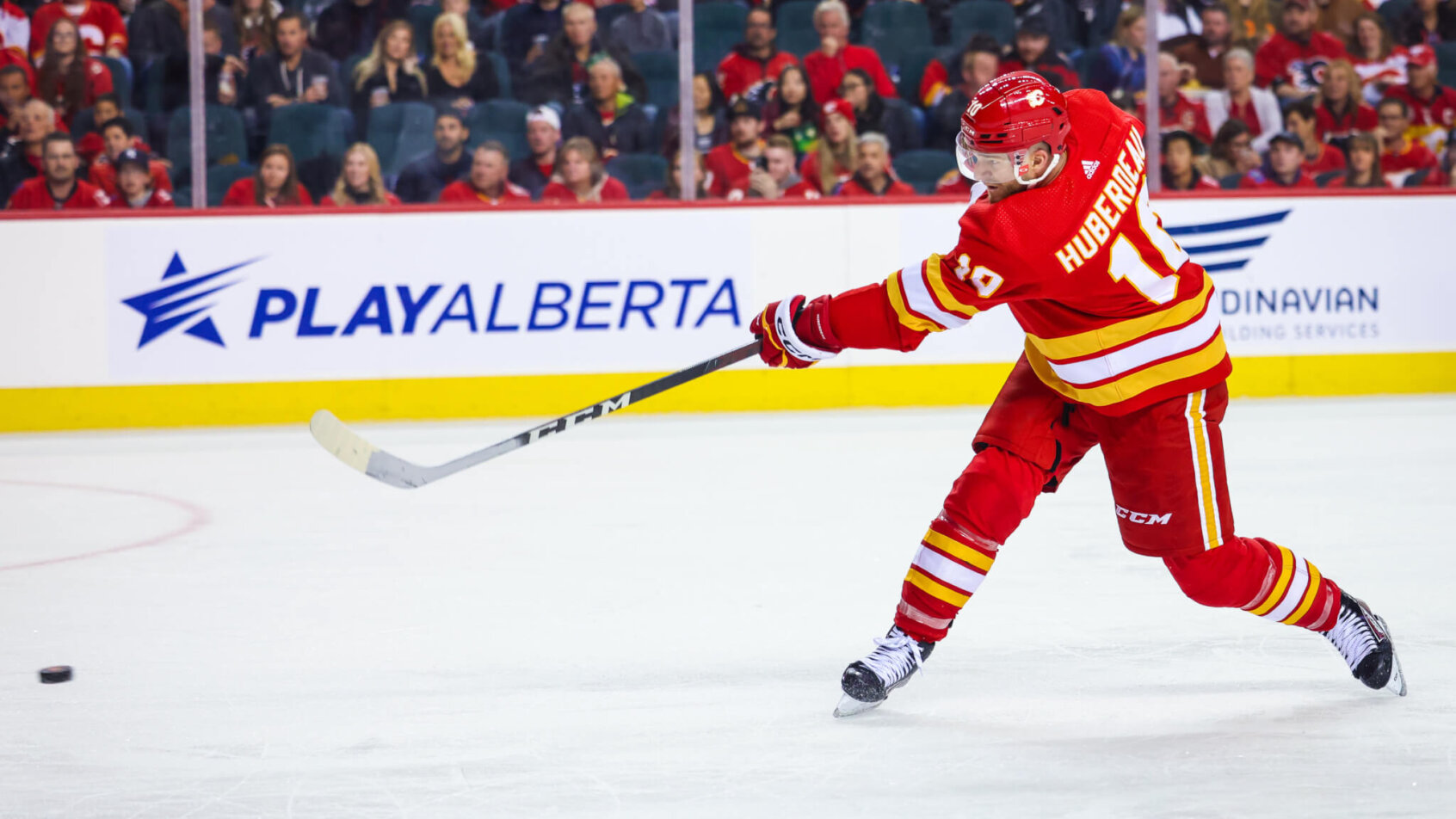 Calgary Flames center Jonathan Huberdeau shoot the puck