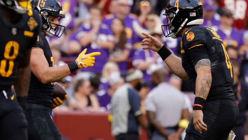 Washington Commanders players celebrate in Maryland