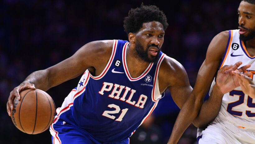 Joel Embiid drives to the hoop