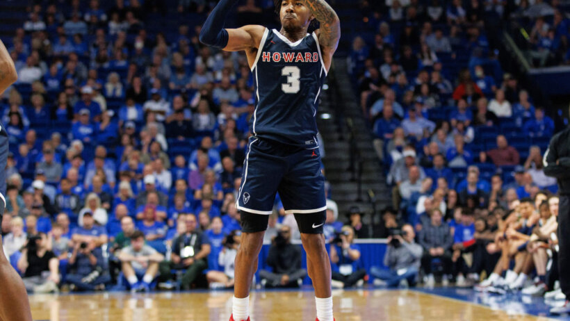 Howard Bison guard Elijah Hawkins shooting a jumper