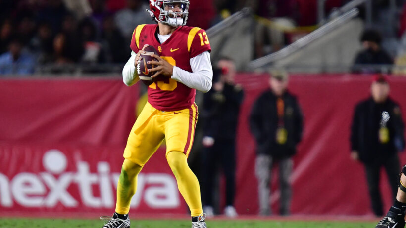 USC Trojans quarterback Caleb Williams drops back to pass