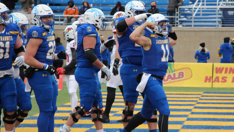 FCS South Dakota State quarterback Mark Gronowski celebrates a touchdown